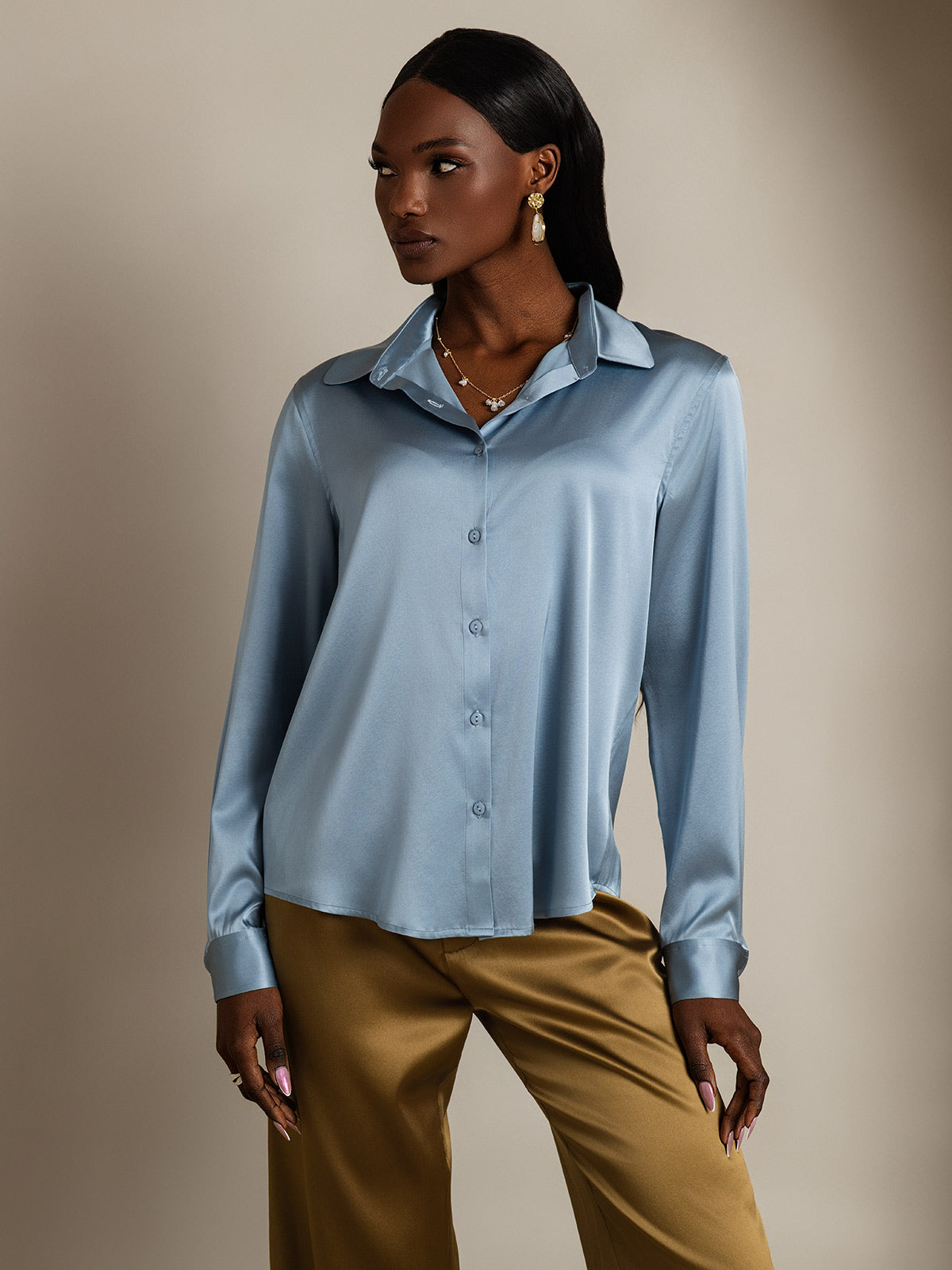 [Grijsachtig Blauw] SilkSilky-NL Zijde Kraag Dames Blouse 001