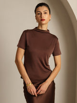 [Koffie] SilkSilky-NL 100% Silk Jersey Short Sleeve Mock Neck Dames T-Shirt 008