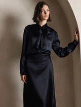 [Zwart] SilkSilky-NL Long Sleeve Tie Neck Blouse 004