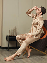[Champagne] SilkSilky-NL Pure Silk Lange Mouw Revers Heren Pyjama Set 006