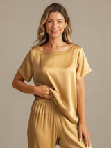 [Tan] SilkSilky-NL 19Momme Korte Mouw Dames Pyjama Set 006