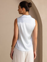 [Lichtblauw] SilkSilky-NL Sleeveless Lapel Collar Dames Blouse 002