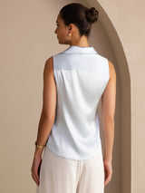 [Lichtblauw] SilkSilky-NL Sleeveless Lapel Collar Dames Blouse 002