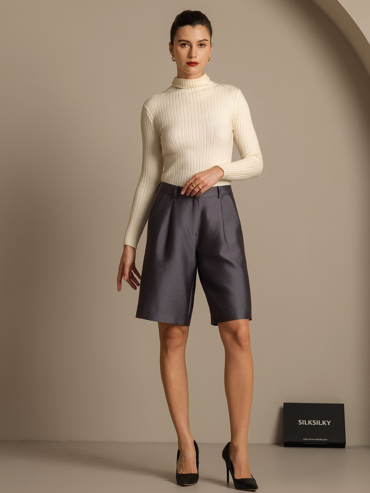 [Grijs] SilkSilky-NL 32Momme Silk-Wool Blend Womens Shorts 006,