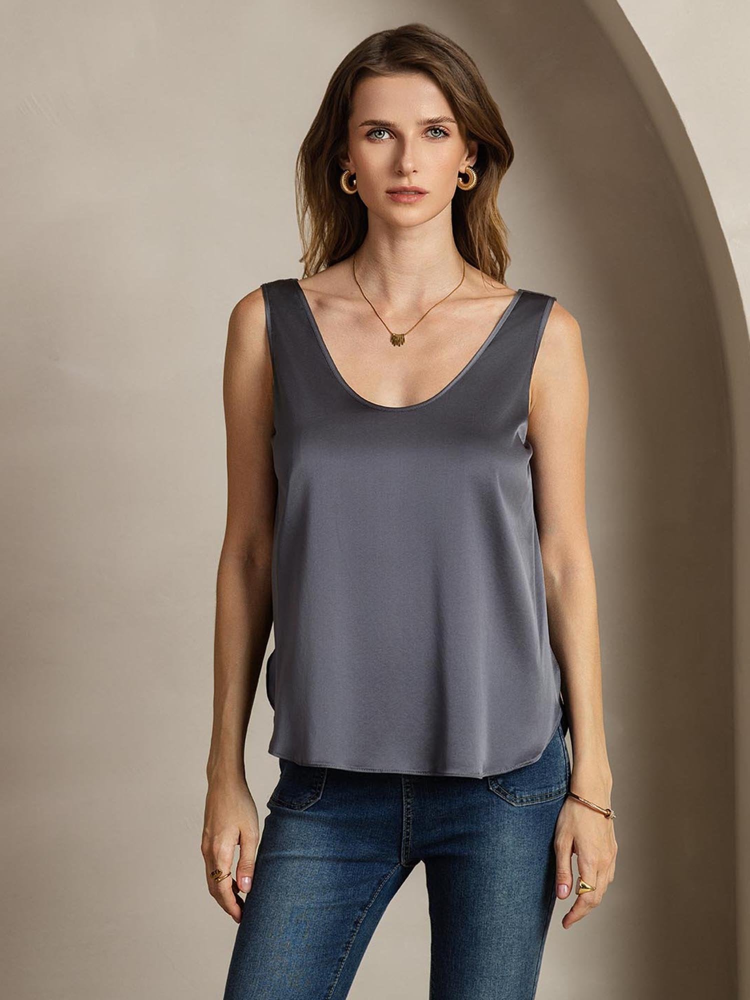 [Donkergrijs] SilkSilky-NL 19Momme Zijde Womens T-Shirt 002