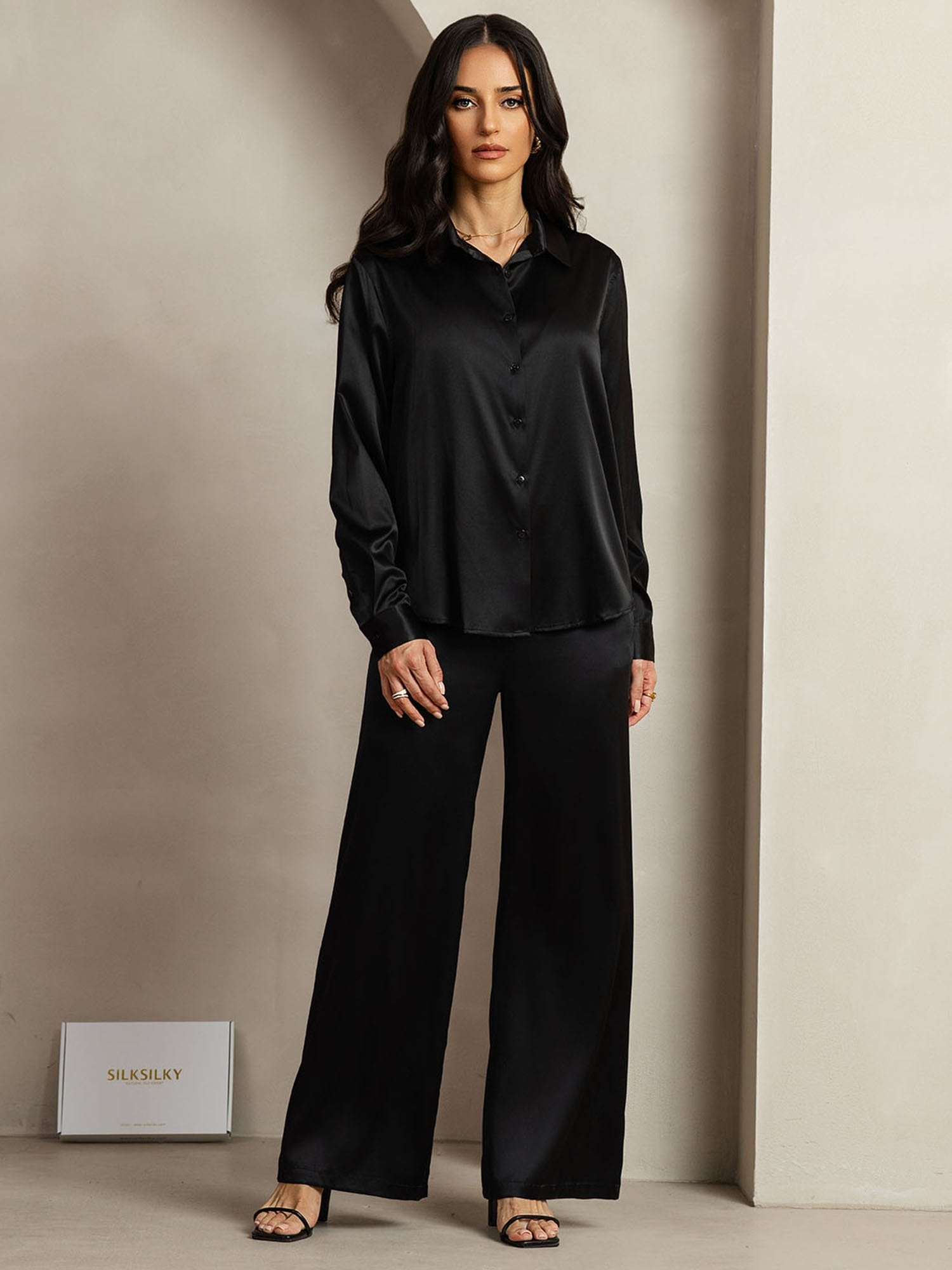 [Zwart] SilkSilky-NL 19Momme Zijde Kraag Women''s Outfit Sets 003