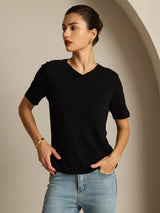 [Zwart] SilkSilky-NL Korte Mouw V Hals Dames T-Shirt 006