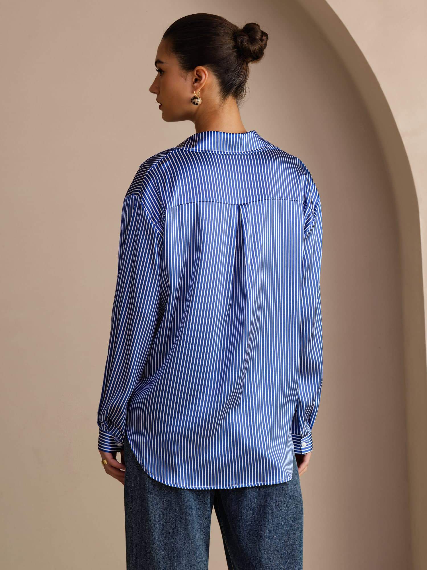 [Blauwe Krijtstreep] SilkSilky-NL Long Sleeve Lapel Collar Dames Blouse 002