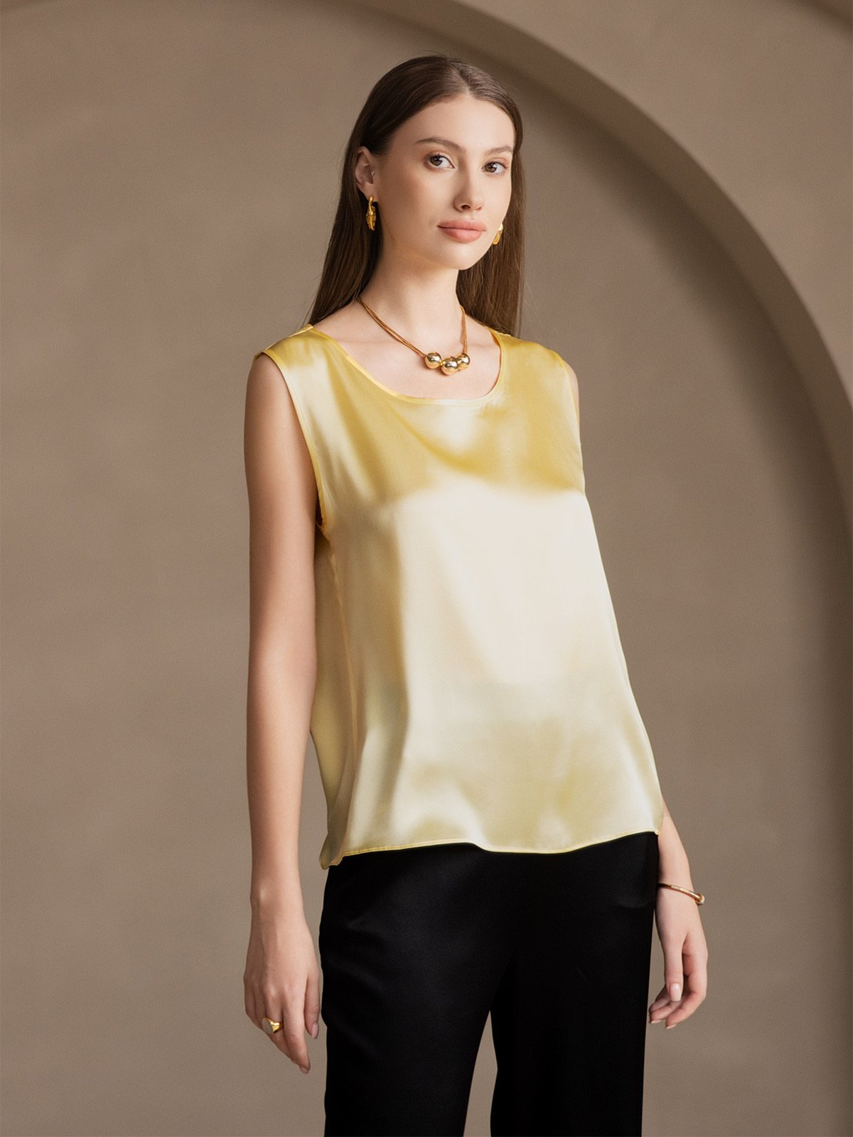 [Lichtgeel] SilkSilky-NL 19Momme Zijde Ronde Hals Cami-Top 005