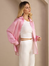 [Roze Krijtstreep] SilkSilky-NL Long Sleeve Lapel Collar Dames Blouse 005