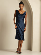[Donkerblauw] SilkSilky-NL Sleeveless Cowl Neck Jurk 006