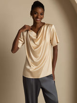 [Champagne] SilkSilky-NL 19Momme Korte Mouw Waterval Hals Blouse 003