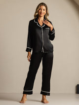 [Zwart] SilkSilky-NL Lange Mouw Notchkraag Dames Pyjama Set 007