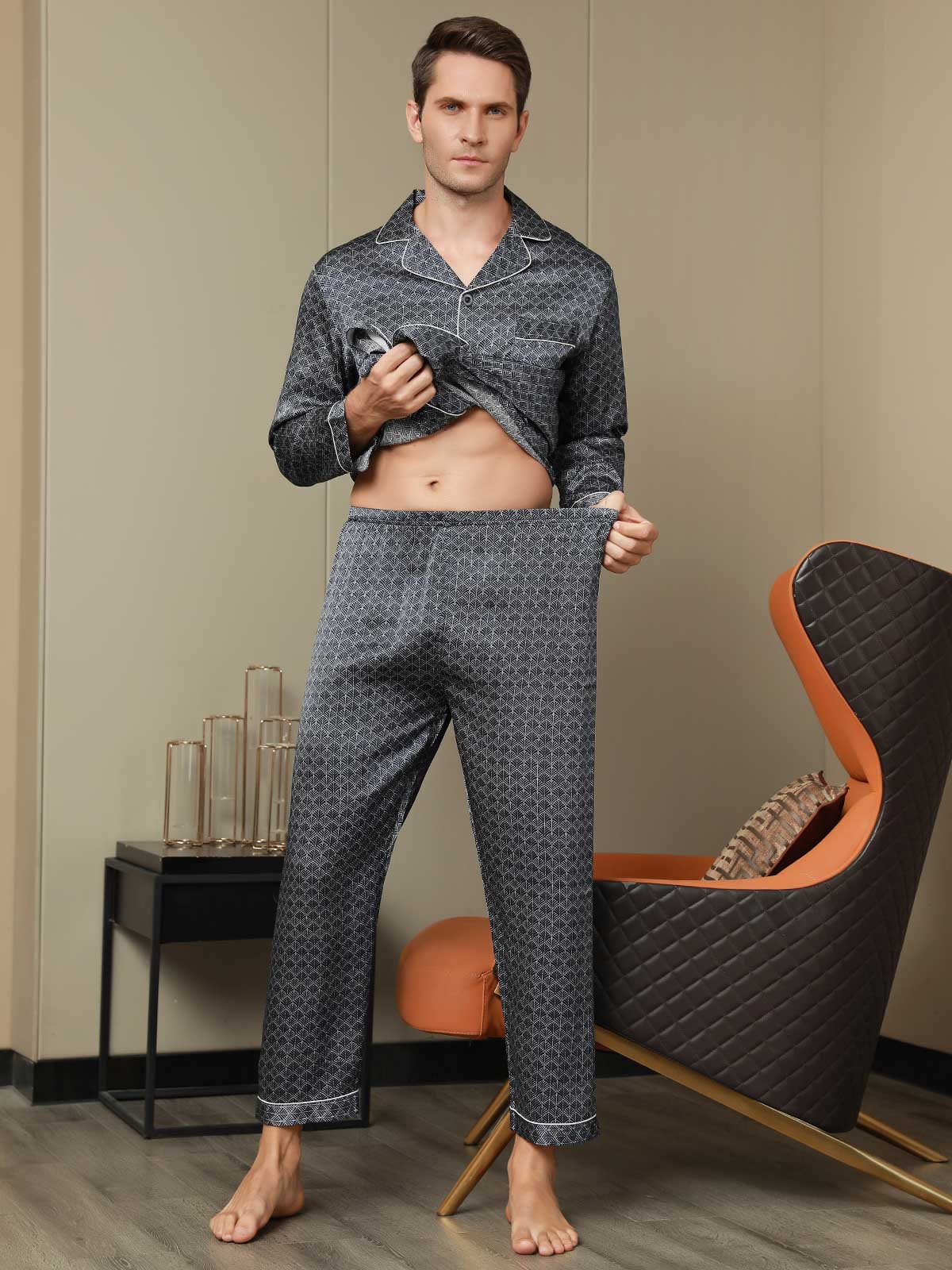 [Marine Ginkgo] SilkSilky-NL 19Momme Mens Pajamas 008