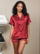 [Wijn] SilkSilky-NL Korte Mouw Notchkraag Dames Pyjama Set 004