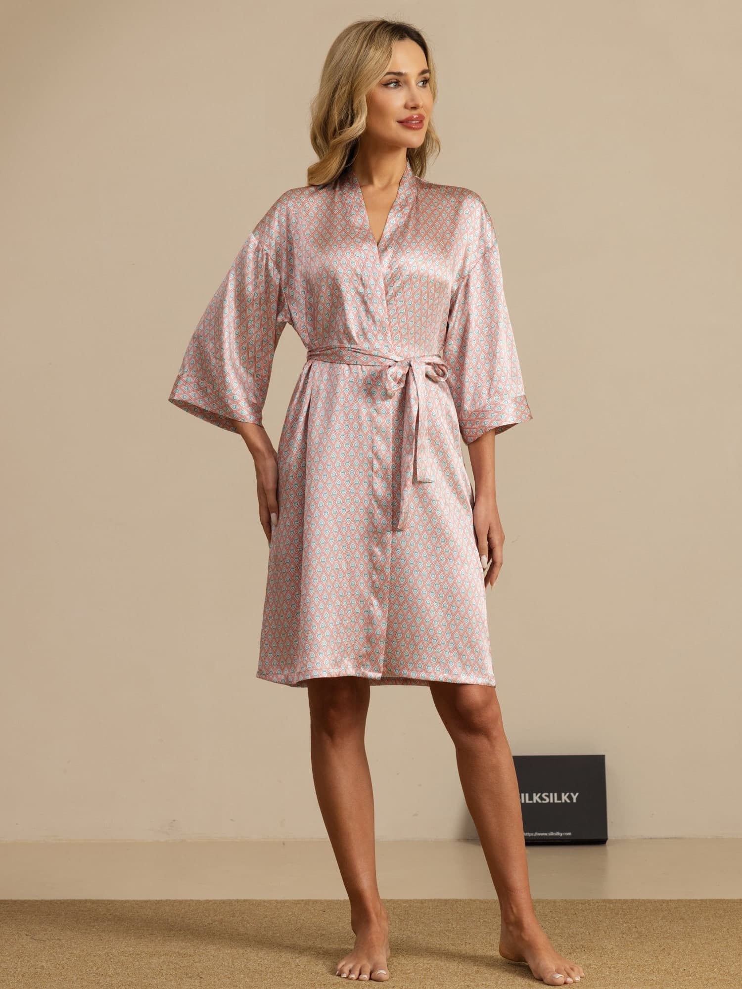 [Roze Hart Geo] SilkSilky-NL 3/4 Mouw Dames Kamerjas 004