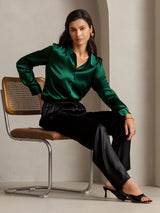 [Donkergroen] SilkSilky-NL 19Momme Lange Mouw Reverskraag Dames Blouse 003