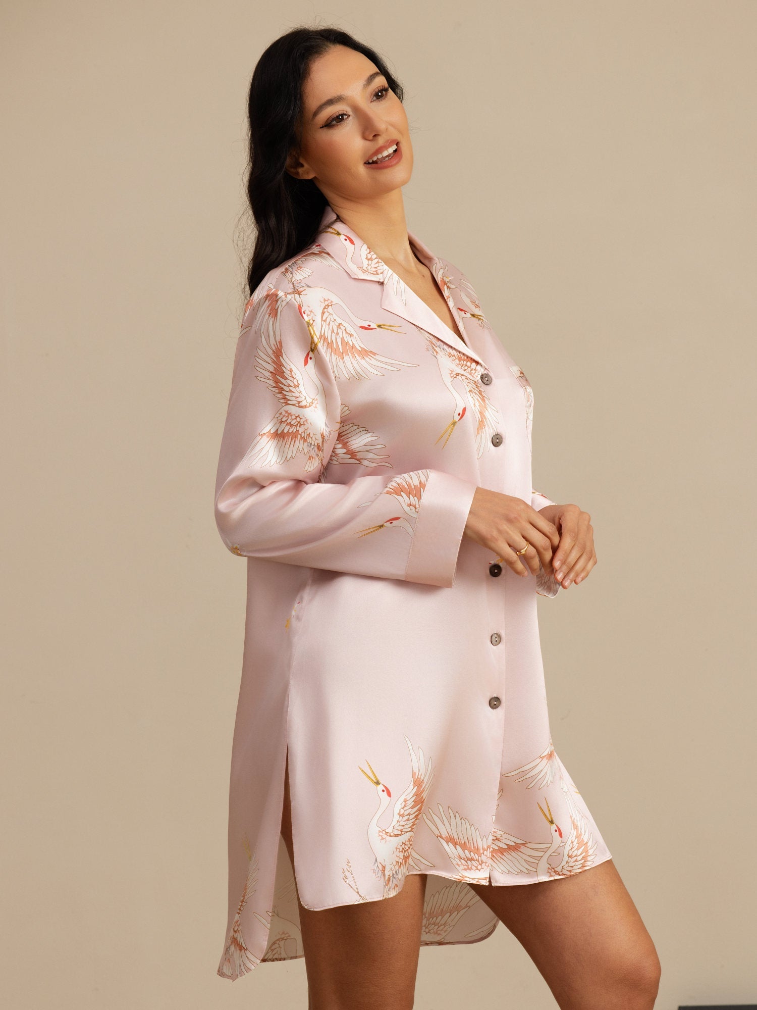[Roze] SilkSilky-NL 19Momme Lange Mouw Notchkraag Slaap Hemd 004