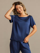 [Donkerblauw] SilkSilky-NL 19Momme Korte Mouw Dames Pyjama Set 003