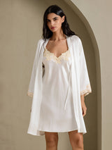 [Wit] SilkSilky-NL 3/4 Sleeve V Neck Nachthemd&Kamerjas Set 001