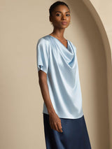 [Grijsachtig Blauw] SilkSilky-NL 19Momme Korte Mouw Waterval Hals Blouse 006