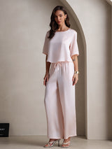 [Roze] SilkSilky-NL Halve Mouw Ronde Hals Dames Pyjama Set 006