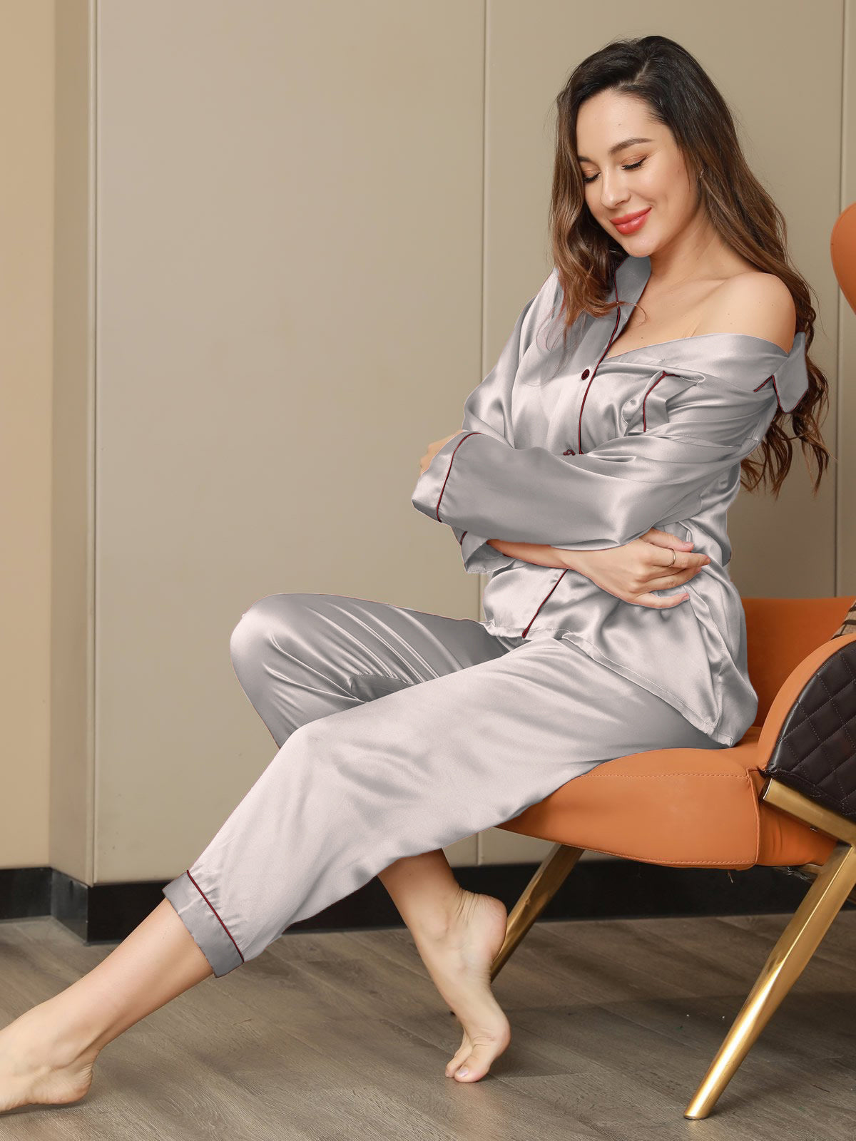 [Zilver] SilkSilky-NL Pure Silk Lange Mouw Revers Dames Pyjama Set 002