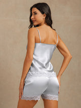 [Grijsachtig Blauw] SilkSilky-NL Spaghetti Strap V Neck Cami-Set 002