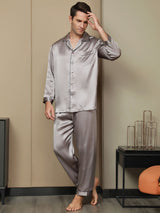 [Grijs] SilkSilky-NL Pure Silk Lange Mouw Revers Heren Pyjama Set 002