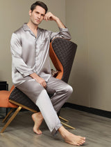[Grijs] SilkSilky-NL Pure Silk Lange Mouw Revers Heren Pyjama Set 007