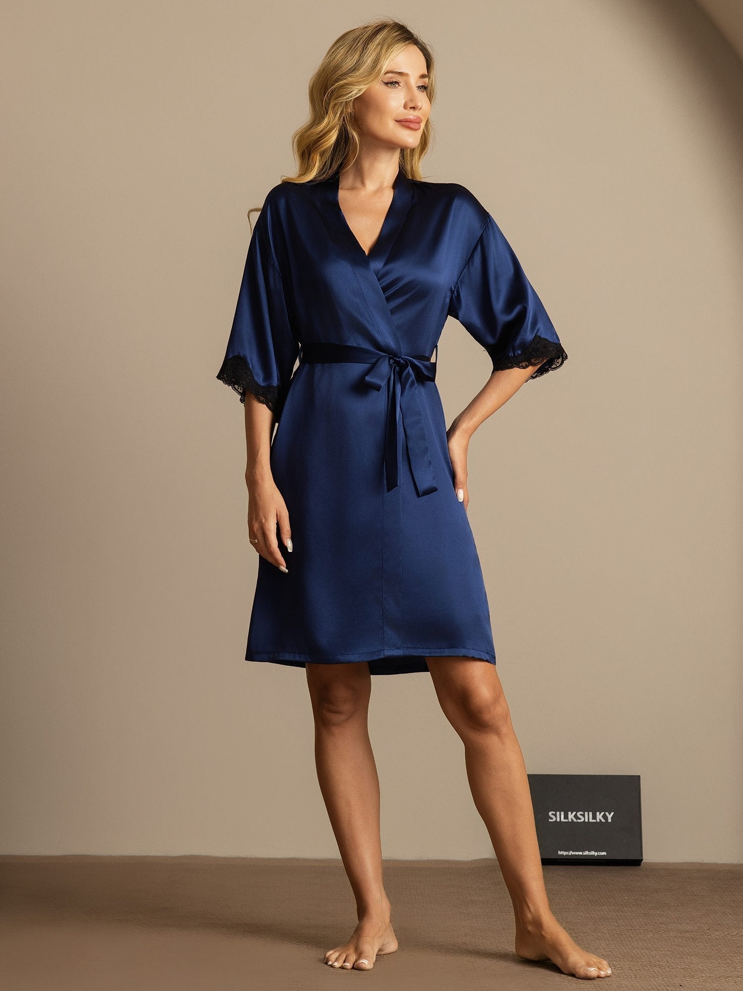 [Donkerblauw] SilkSilky-NL Halve Mouw Dames Kamerjas 003