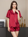 SilkSilky-NL Korte Mouw Revers Dames Pyjama Set Wijn 003