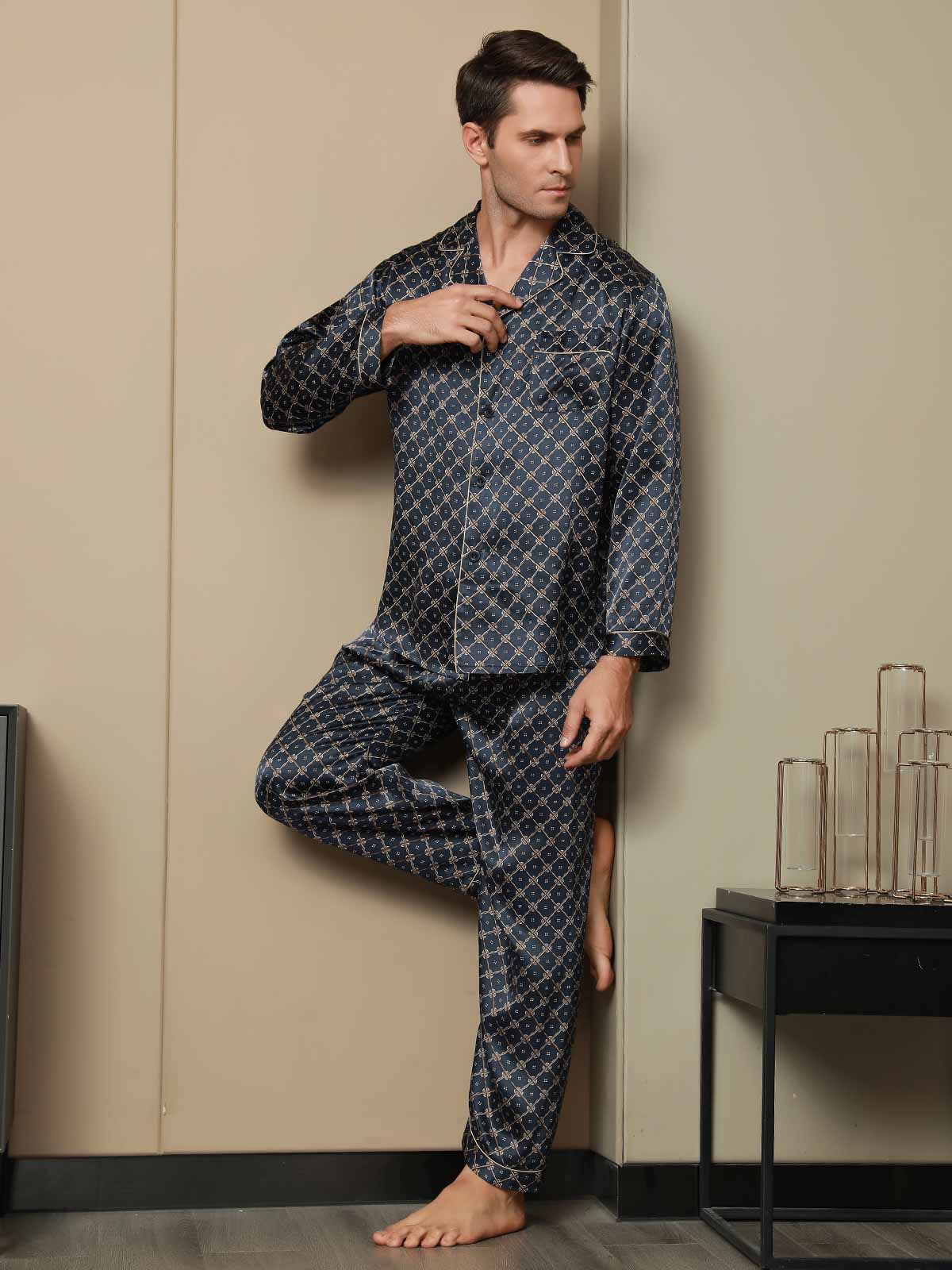 [Donkerblauw] SilkSilky-NL Pure Silk Lange Mouw Revers Heren Pyjama Set 005