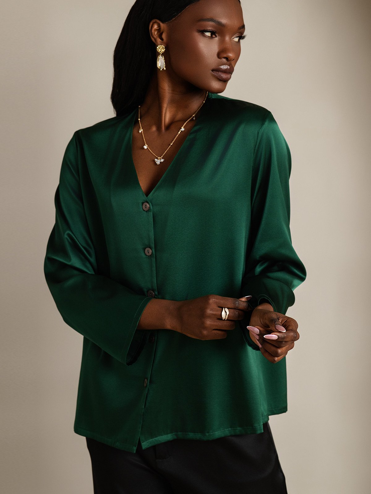[Donkergroen] SilkSilky-NL 19Momme Zijde V-Hals Dames Blouse 004