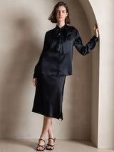 [Zwart] SilkSilky-NL Long Sleeve Tie Neck Blouse 005
