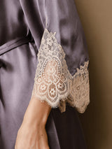 [Paars Grijs] SilkSilky-NL 3/4 Sleeve V Neck Nachthemd&Kamerjas Set 007