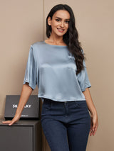 [Grijsachtig Blauw] SilkSilky-NL Halve Mouw Diepe Ronde Hals Dames T-Shirt 001