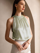 [Lichtgroene] SilkSilky-NL 19Momme Mouwloos Halter Dames T-Shirt 003