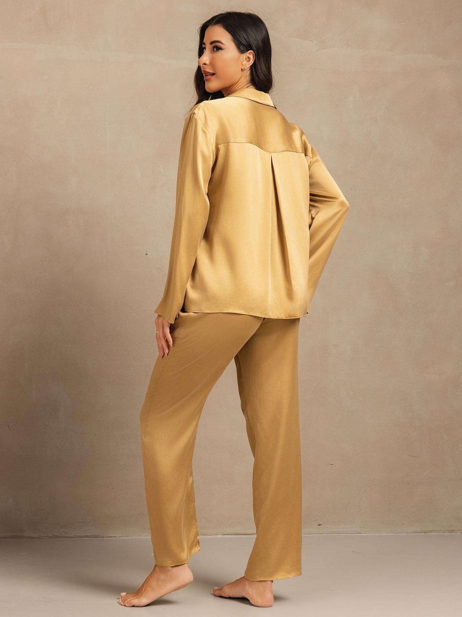 [Tan] SilkSilky-NL 19Momme Zijde Inkeping Dames Pyjama Set 002