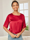 SilkSilky NL Pure Silk Halve Mouw Boat Hals Dames T Shirt Donkerrood 001