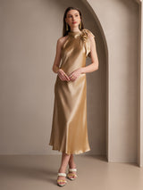 [Champagne] SilkSilky-NL 19Momme Stretch Silk Charmeuse Sleeveless Tie Neck Jurk 001
