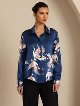 [Donkerblauw] SilkSilky-NL Long Sleeve Lapel Collar Dames Blouse 004