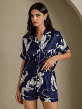 [Marineblauwe Jachtluipaard] SilkSilky-NL Short Sleeve Notch Collar Dames Pyjama Set 005