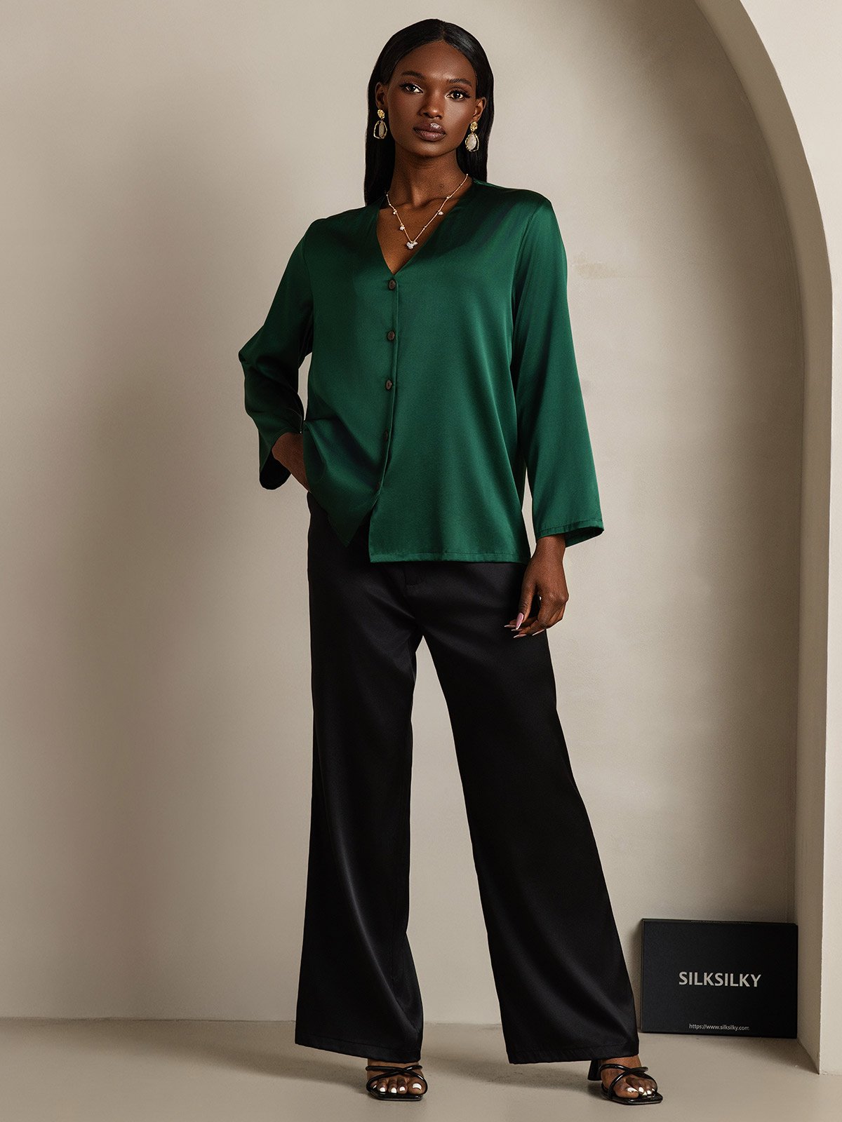 [Donkergroen] SilkSilky-NL 19Momme Zijde V-Hals Dames Blouse 001