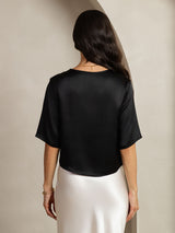 [Zwart] SilkSilky-NL Halve Mouw Diepe Ronde Hals Dames T-Shirt 002