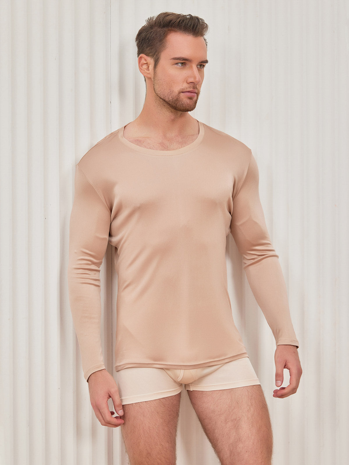 [Beige] SilkSilky-NL Zijde Gebreid Ronde Hals Heren T-Shirt 004