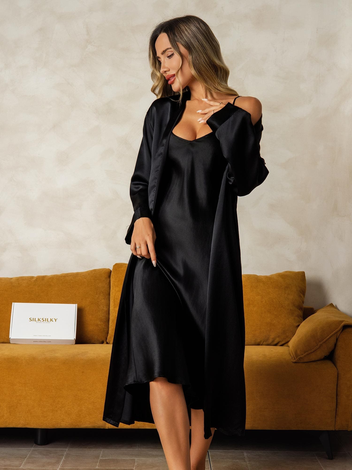 [Zwart] SilkSilky-NL Zijde Nightgown&Robe Set 003