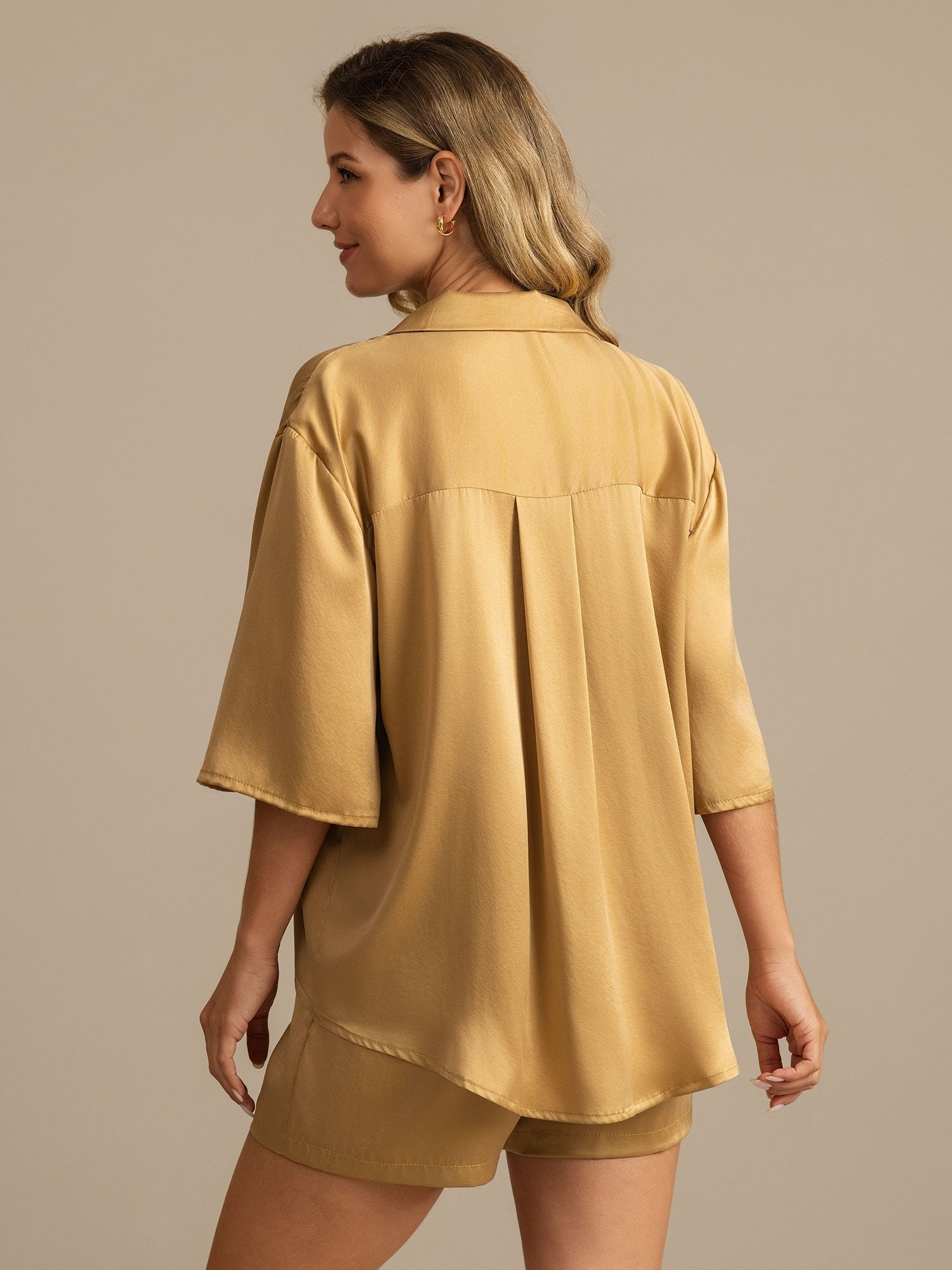 [Tan] SilkSilky-NL 19Momme Zijde Kraag Dames Pyjama Set 002,