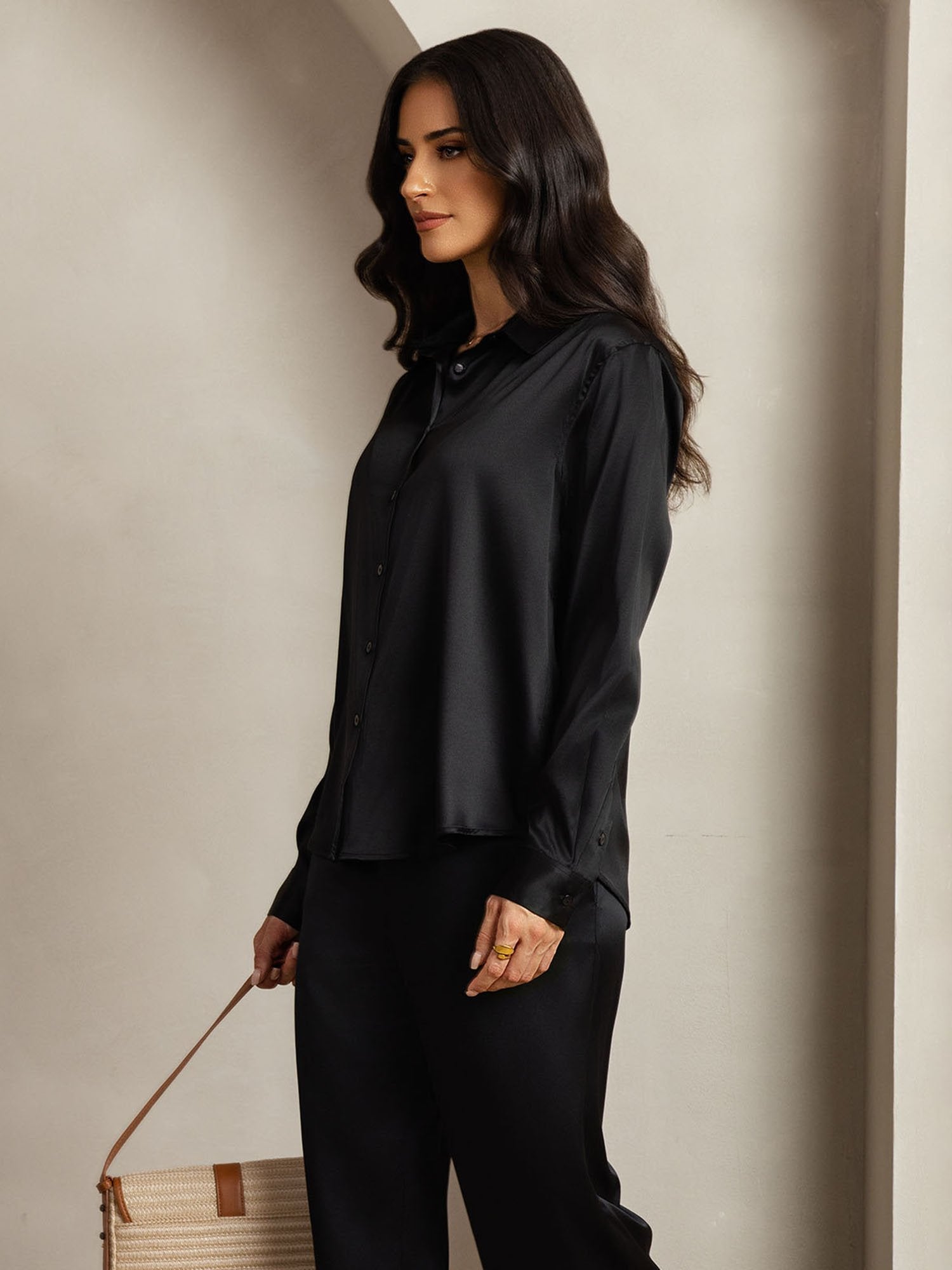 [Zwart] SilkSilky-NL 19Momme Zijde Kraag Women''s Outfit Sets 006