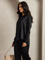 [Zwart] SilkSilky-NL 19Momme Zijde Kraag Women''s Outfit Sets 006,